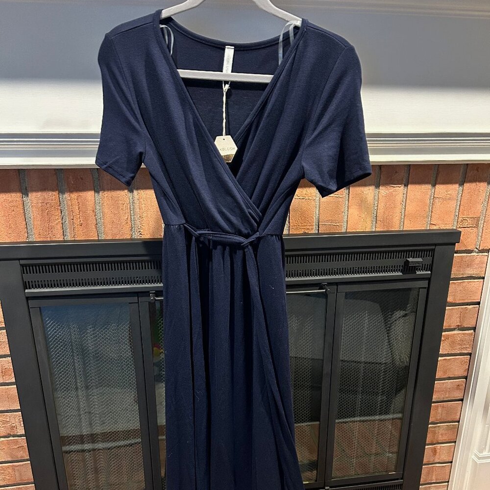 PinkBlush Navy Draped Maternity/Nursing Maxi Dress Petite S NWT